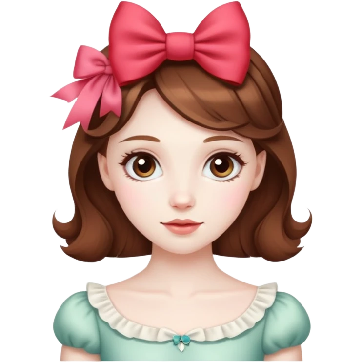 pale skin coquette girl with brown hair, bows, dainty, feminine emoji