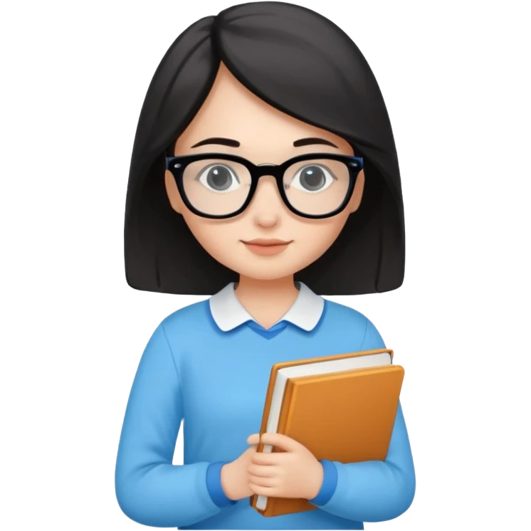cute girl, glass, smart, Sky-blue colored clothing,
holding a book in one arm and a pen in the other hand.Holding a pen in the right hand as if teaching.Wearing black glasses, with a smart and bright-looking face. emoji