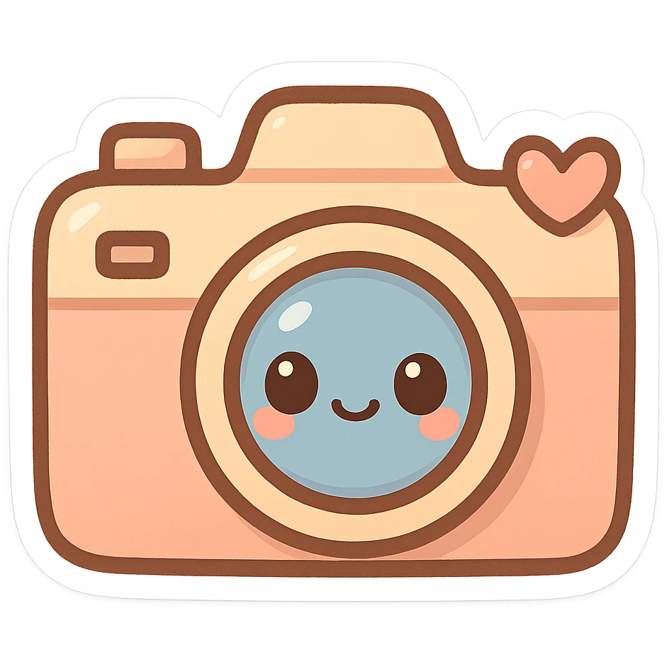 chibi sticker-style camera with a heart accent, cute and exaggerated emoji