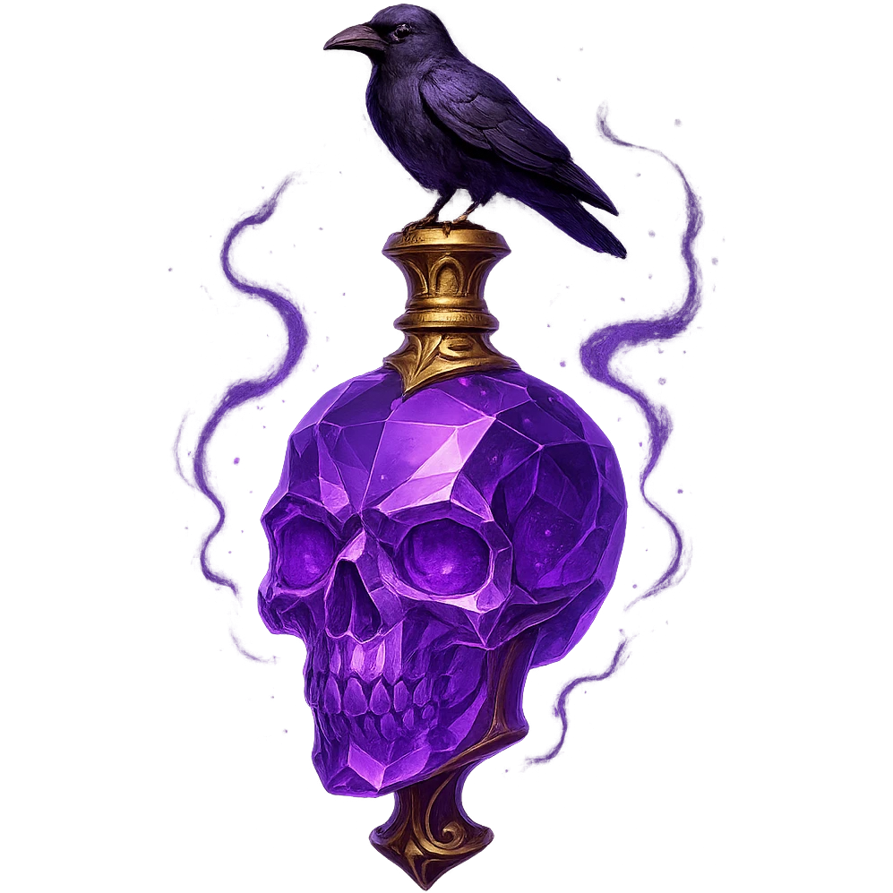 luxurious crystal elixir bottle in the shape of a skull, violet color with lots of glowing effects, sharp edges, ornate details, golden accents, magical effects, very small golden neck, beautiful merging base, clearly hanging in the air with no base or shadow, small crow sitting on top of the bottle, premium class design, matching a collection, transparent background emoji