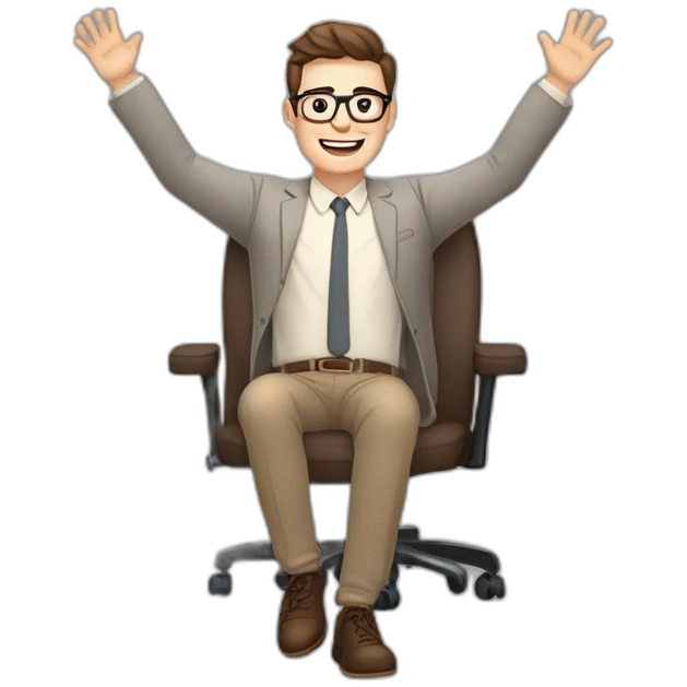 Joyful Celebrating victory Hands up Pale skinned Fit Man With dark brown hair in gray jacket, beige office shirt, Brown pants and vintage glasses sitting In a soft chair emoji