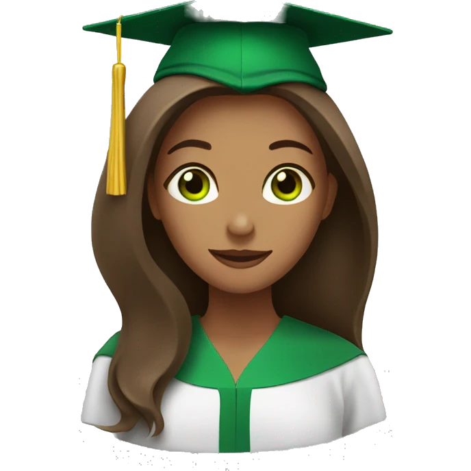 Long brown hair woman with graduation hat and green eyes emoji