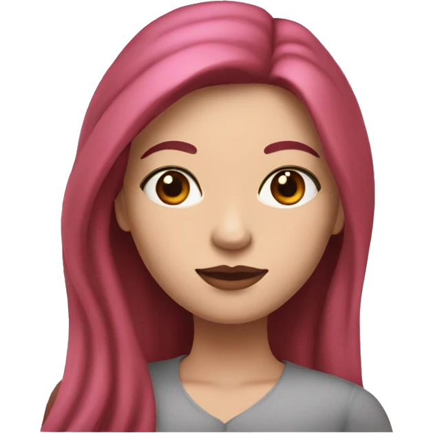 Woman with a white skin that has Long Dark red hair and brown eyes with an eyeliner and lashes coding on a pink macbook emoji