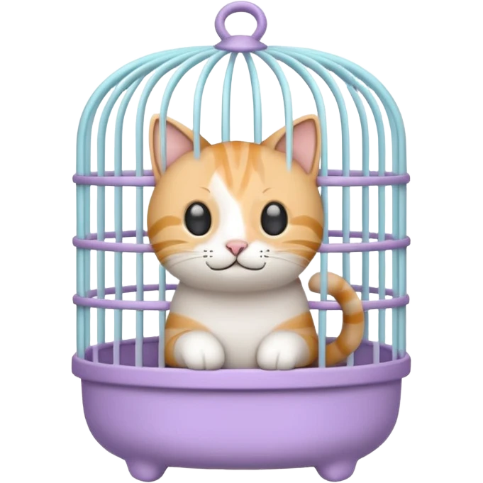 A cute emoji-style cat cage — rounded, cartoon look, clean outline, pastel colors. Vertical metal bars in front, small handle on top, and soft edges. Simple, minimal details, high contrast, with no cat inside emoji