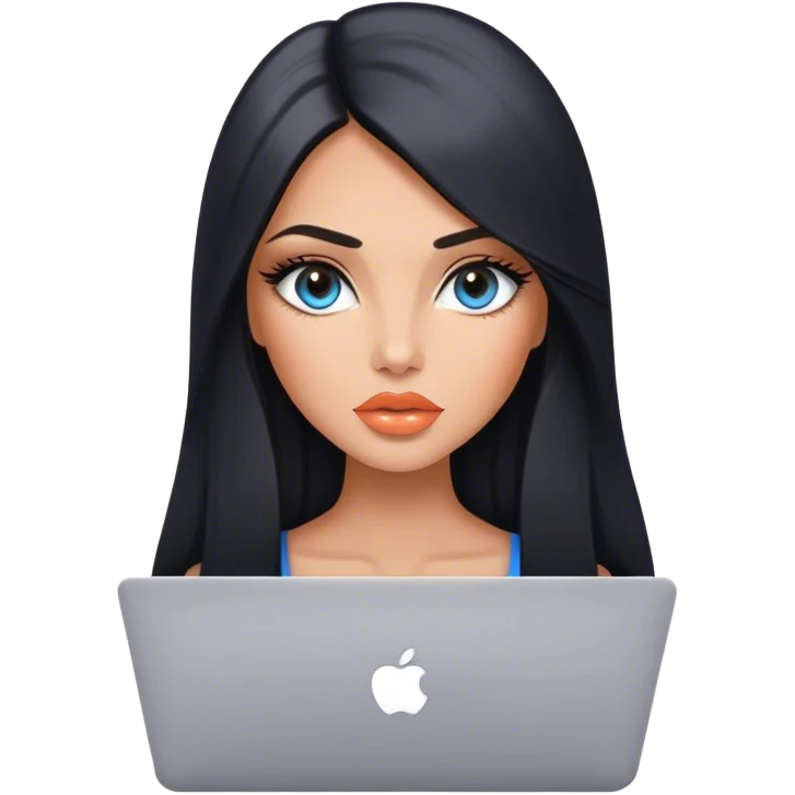 Glamours, tanned, very beautiful girl, with big pump peach lips, black straight smooth silky long hair, straight parting, blue-grey eyes with MacBook emoji