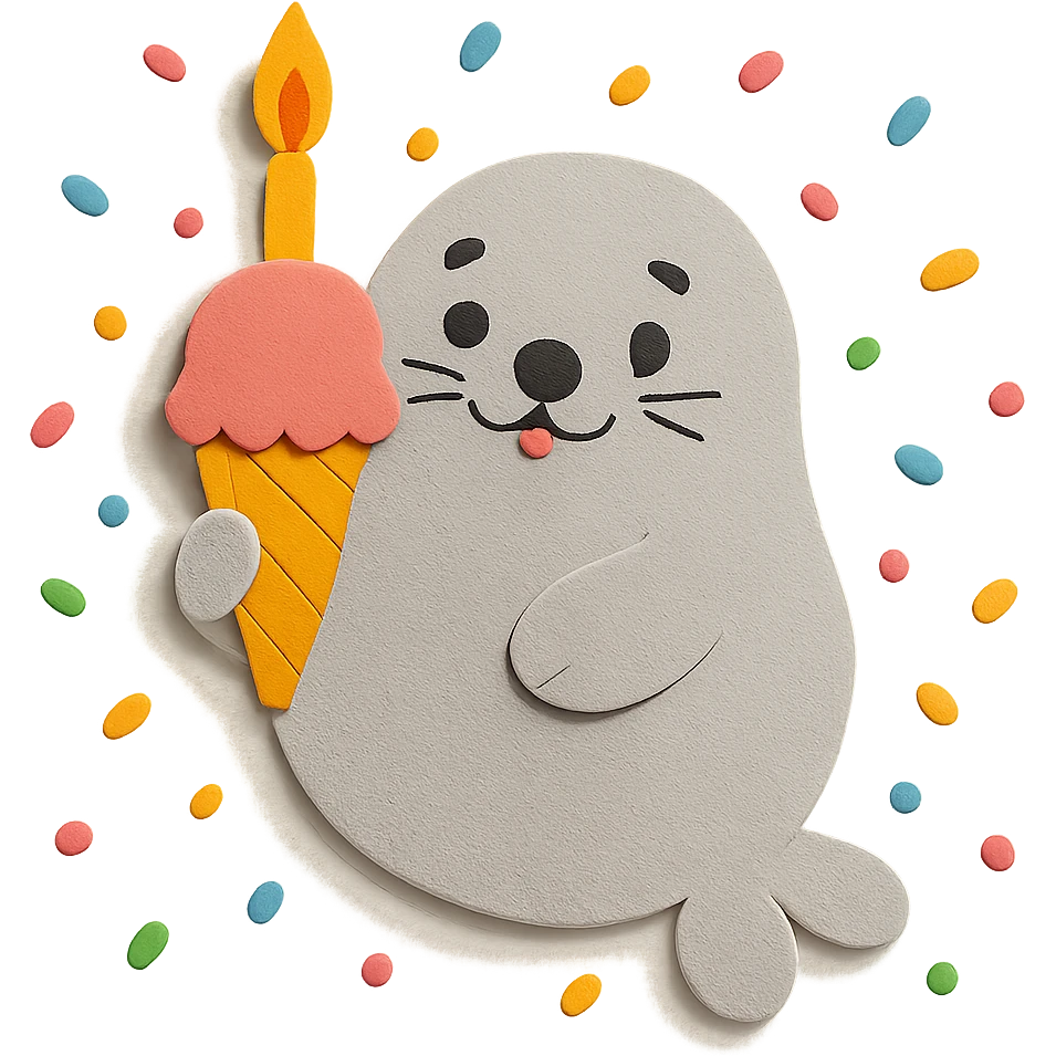 Add colorful confetti around the chubby seal, matching the paper-craft style and color palette. emoji