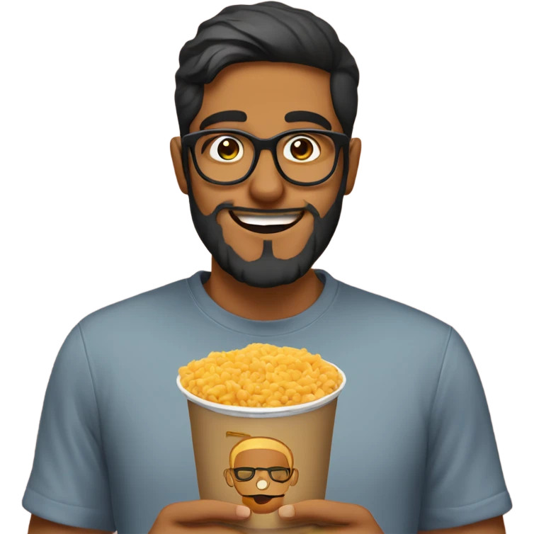 a bangladesi guy with beard in his 20s wearing square glasses and eating disgusting stuff emoji
