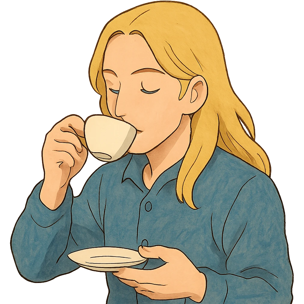 ghibli style emote of a long blonde male sipping tea, no background emoji
