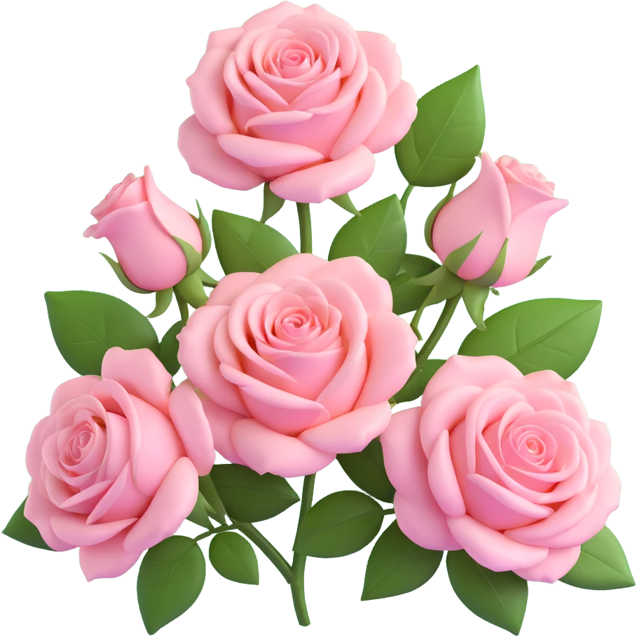 a trio of pastel pink roses with leaves, shiny and smooth, detailed petals, soft round background emoji