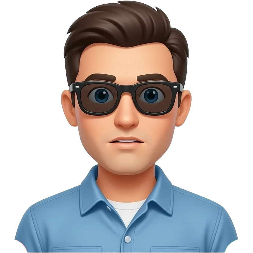 A informal man, with sunglasses, glowing digital, chat, peoples, symbols on the around, a floating Facebook logo, on the left shoulder, looking at viewer with curious. Text on below: 'What's your topic, lady?'. Shimmering red ignore and green check icons, white background emoji