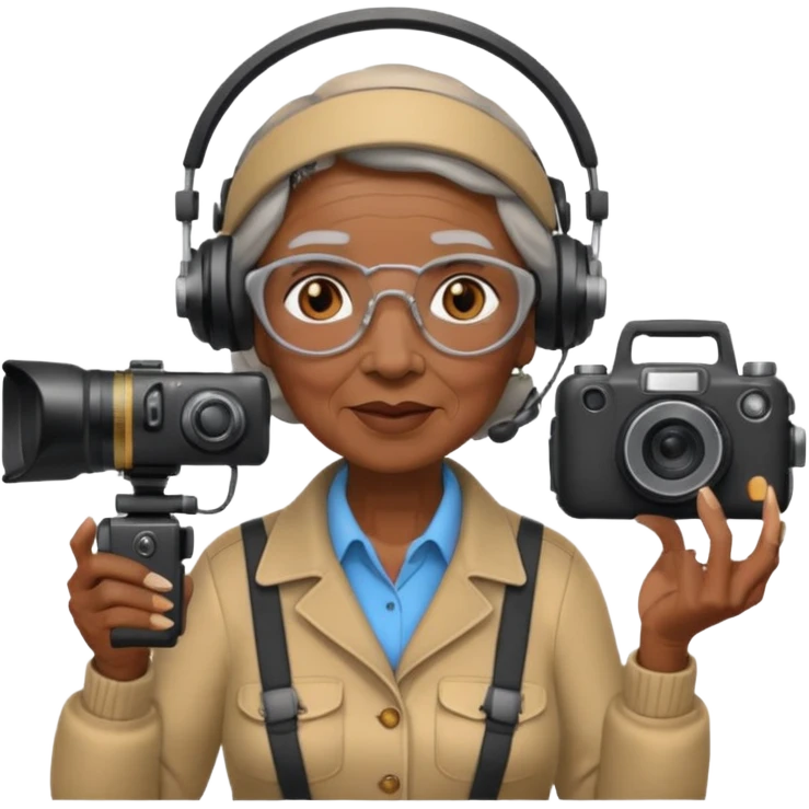 woman cameraman hold a camera, elderly black skin emoji