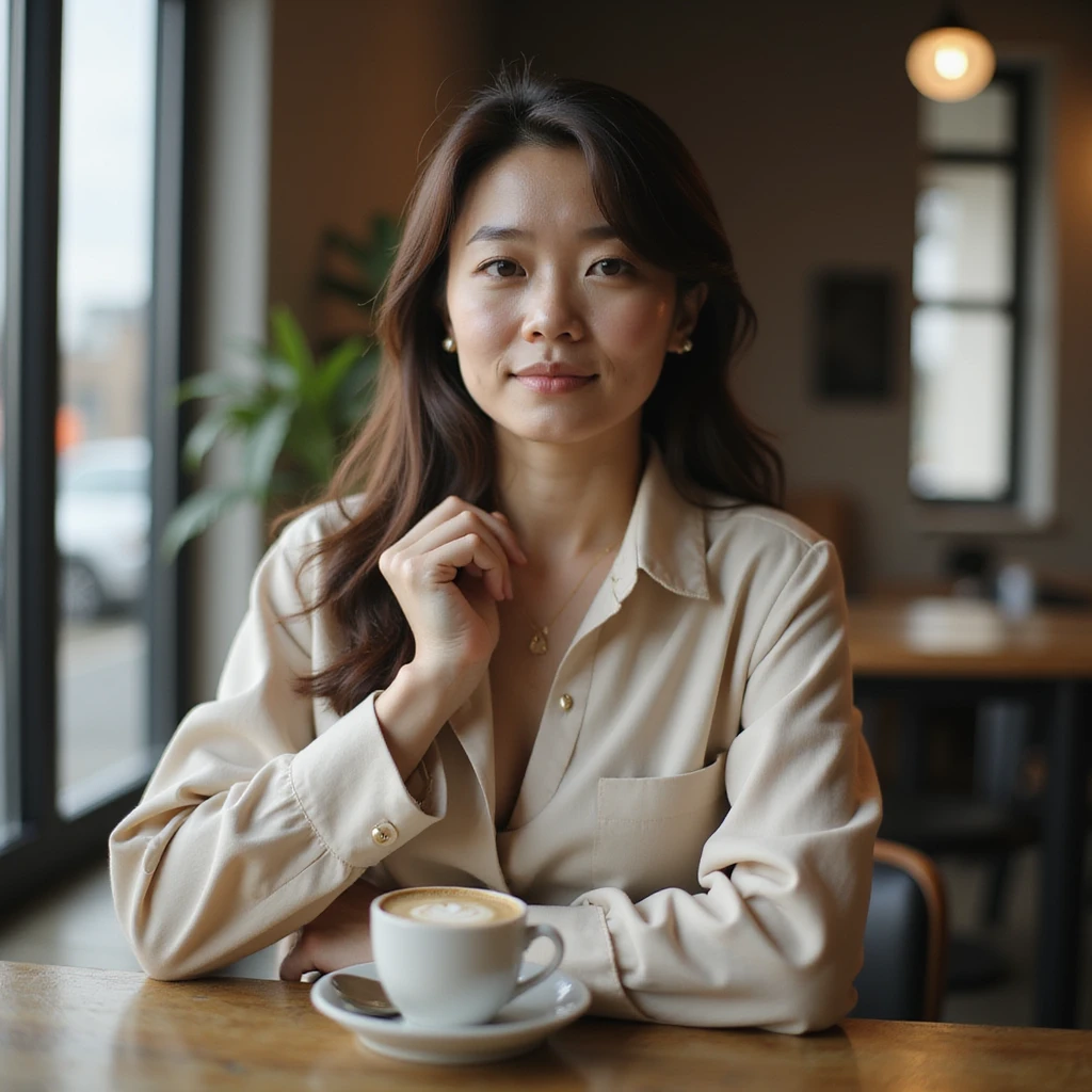 photorealistic upper-body portrait of a stylish Korean woman in her late 20s, exuding luxury and attention to detail, premium coffee and dessert enthusiast, poised and confident, soft modern background emoji