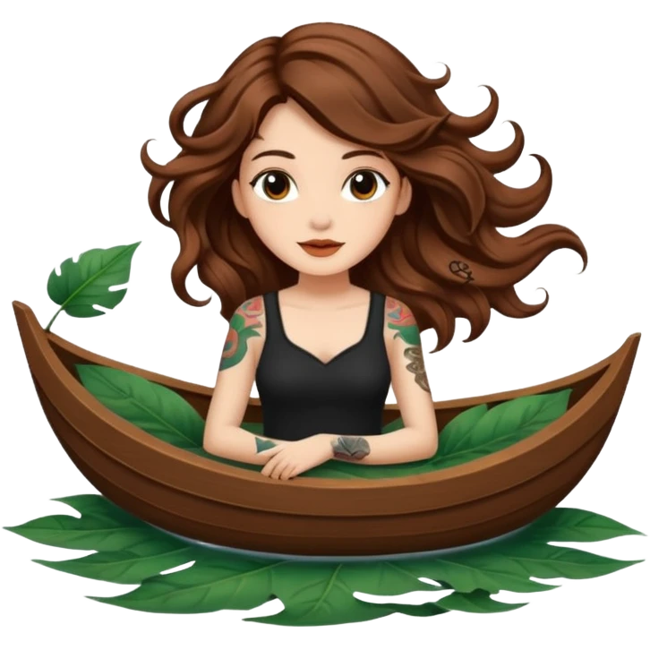 cute woman long wavy brown hair tattoos floating on leaf boat emoji