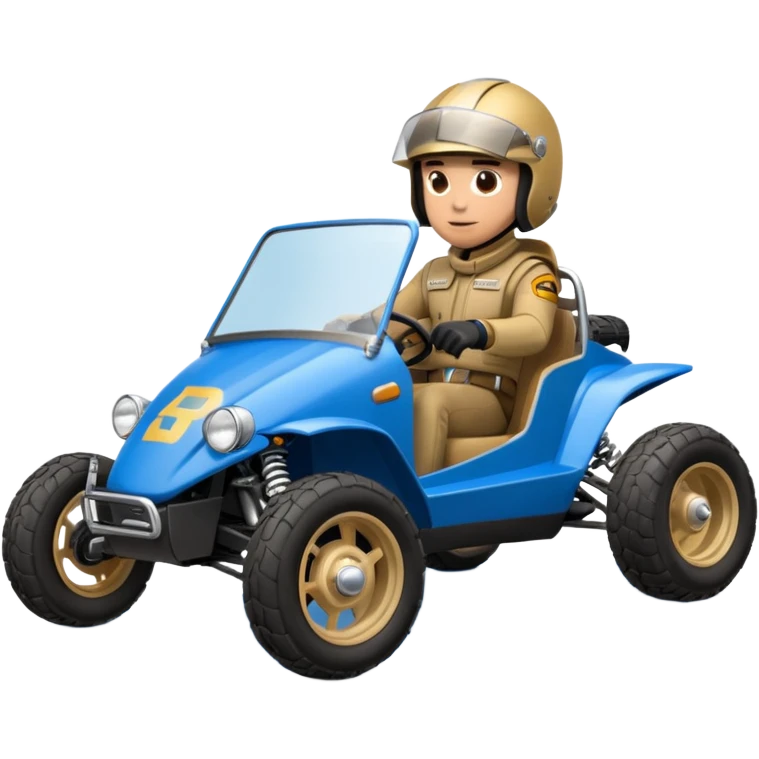 A small blue and gold dune buggy featuring a driver in a motorcycle helmet, with the word "BAJA" displayed on the side panel. emoji