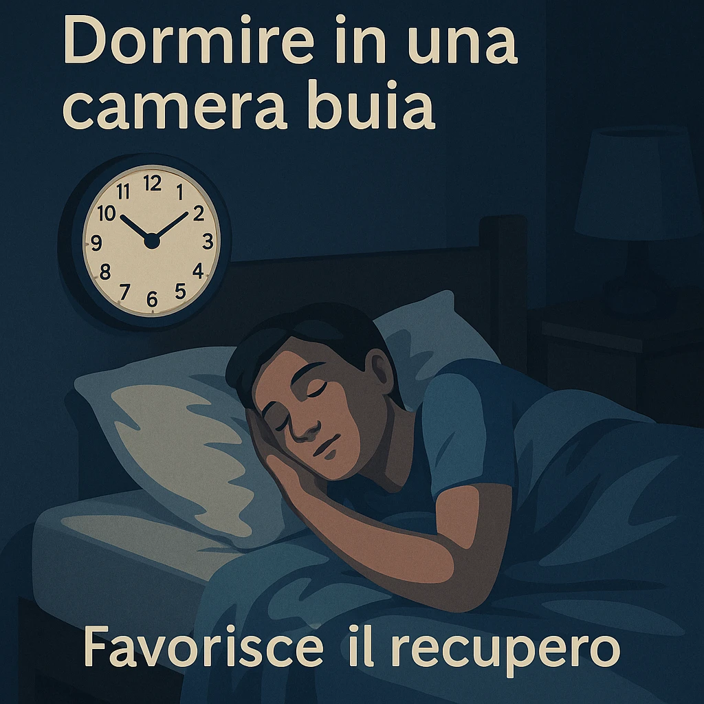 realistic and relaxing illustration of a person sleeping peacefully in a bed in a dark room, with a clock showing 7-8 hours, calm and restful atmosphere, include Italian text in the image: "Dedicati 7-8 ore di sonno a notte" and "Dormire in una camera buia favorisce il recupero" emoji