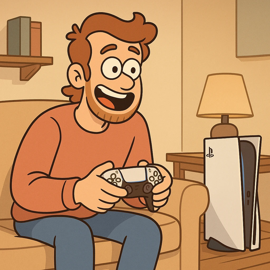 cartoon style man playing PlayStation 5 console, joyful facial expression, gamepad in hands, cozy home atmosphere emoji