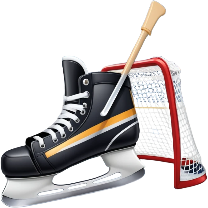 An icon showing a close-up of a hockey stick, puck, skates, and hockey net placed on the ice. The background features a packed stadium with bright lights, cheering fans, and snowy scenery outside. Transparent background highlights the key elements of the game. emoji