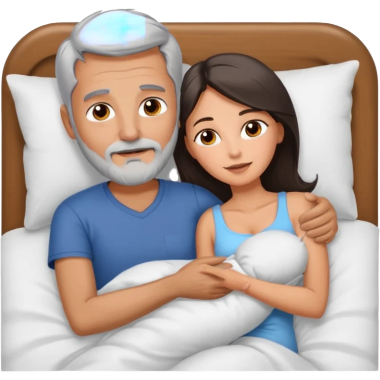 Man with grey hair and beard, and beautiful brunette woman spooning in bed emoji