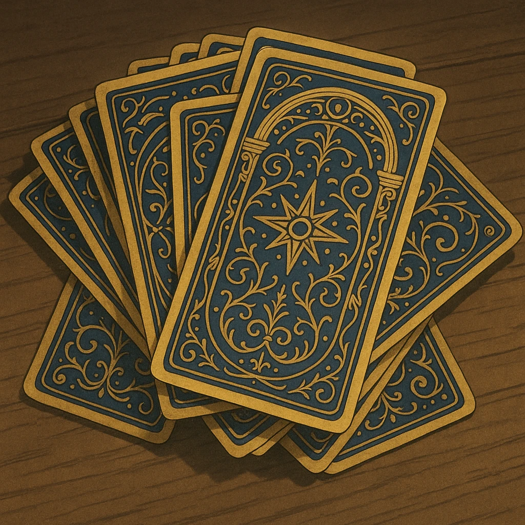 tarot card deck with ornate, intricate backs, gold and deep blue color palette, cards fanned out, mystical and elegant emoji