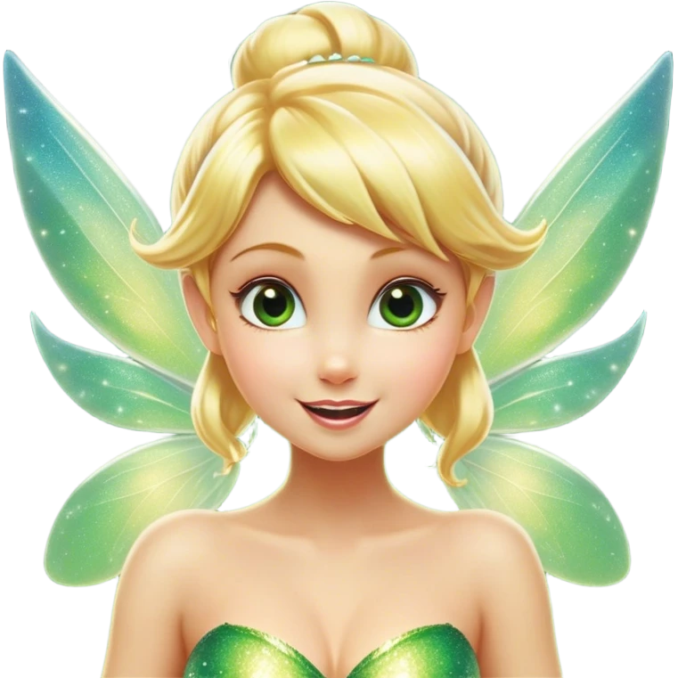 Cinematic Realistic Blonde Tinker Bell Fairy Portrait, head tilted dramatically with an exaggeratedly amused expression, featuring a striking, lively pixie form with radiant golden blonde hair and luminous, iridescent wings dusted with playful sparkles. Her expressive eyes brim with cheeky mischief, rendered with vibrant, lifelike textures and dynamic natural lighting that imbues the scene with an air of magical whimsy and over‐the‐top fairy fun. emoji