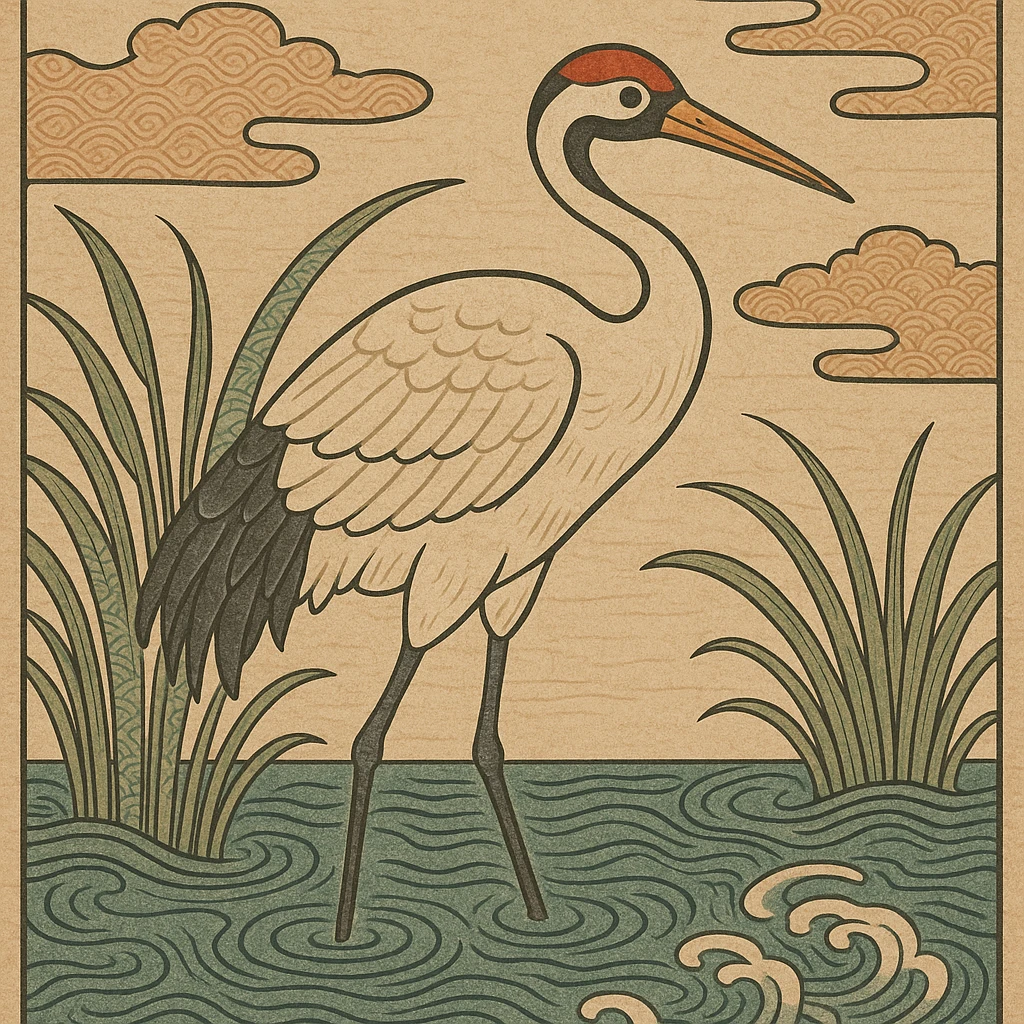 ukiyo-e style illustration of a crane bird standing in water emoji