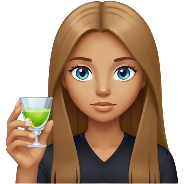 tan woman, black shirt, long light brown straight hair, grey blue eyes, holding a shot with lime emoji