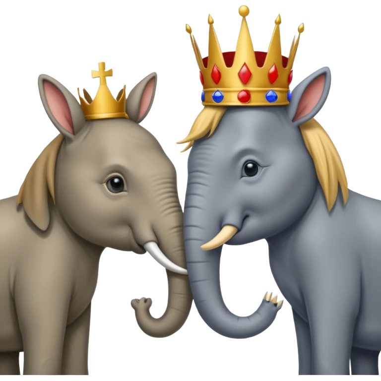 Democratic Party elephant facing Republican Party donkey with King Trump inbetween emoji