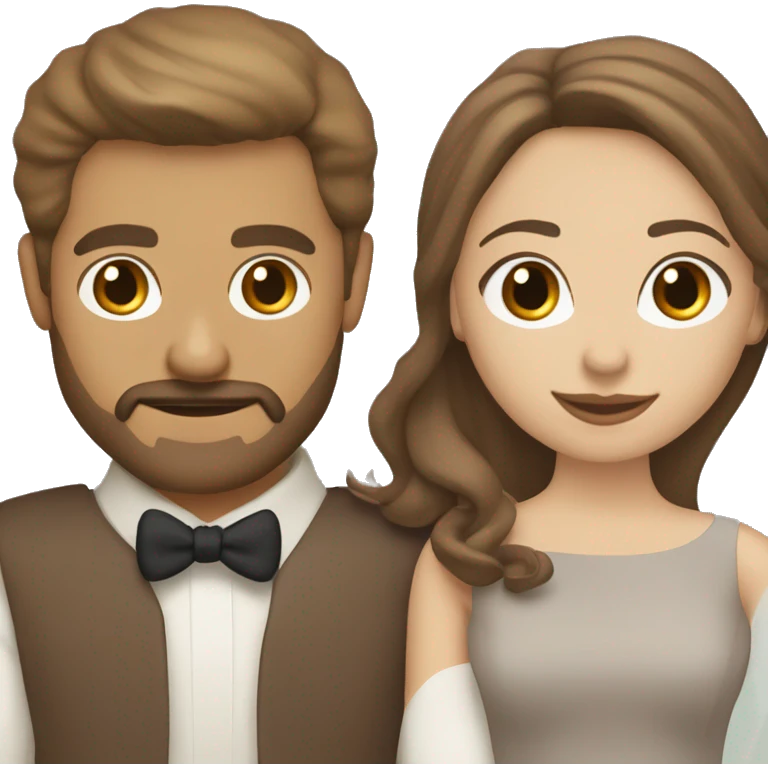 Wedding couple with woman with tan skin, brown hair shoulder length with highlights, sand man with brown hair, beard moustache emoji