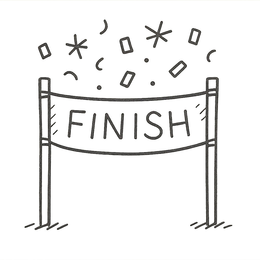 hand-drawn outlined icon of a finish line with confetti, playful, for module completion emoji