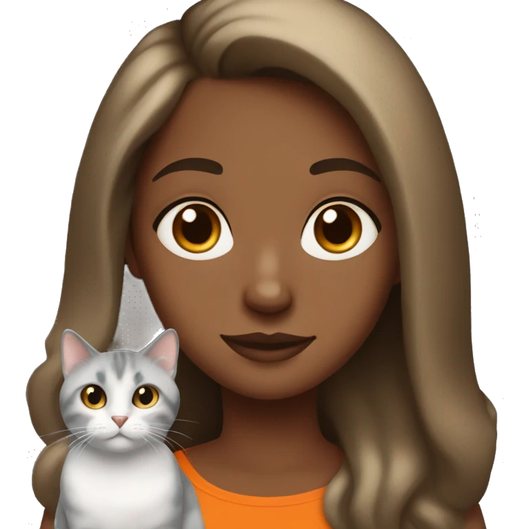 brown girl long brown hair with the under part blonde and a gray and black cat with orange spots on her shoulder emoji