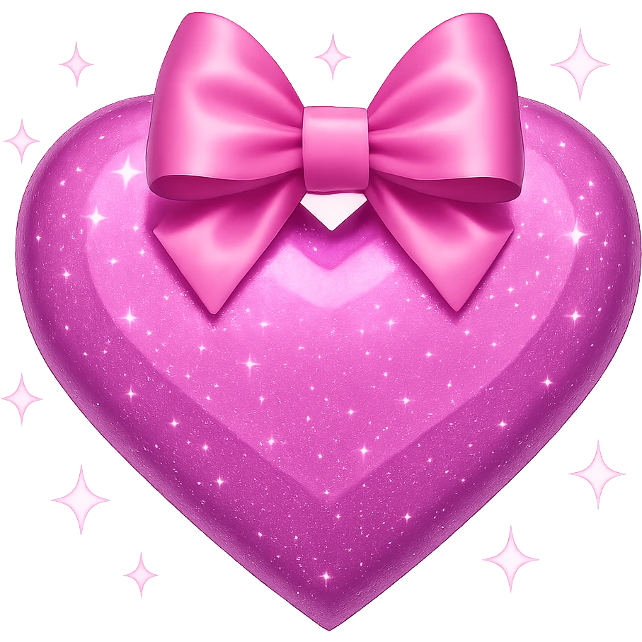 Add sparkles around the pink glittery heart with a pink bow, keeping the original style and transparent background. emoji