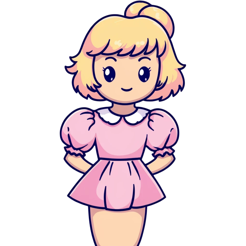 Blonde, pale girl with bangs and curly hair and a pastel pink puff sleeve dress emoji