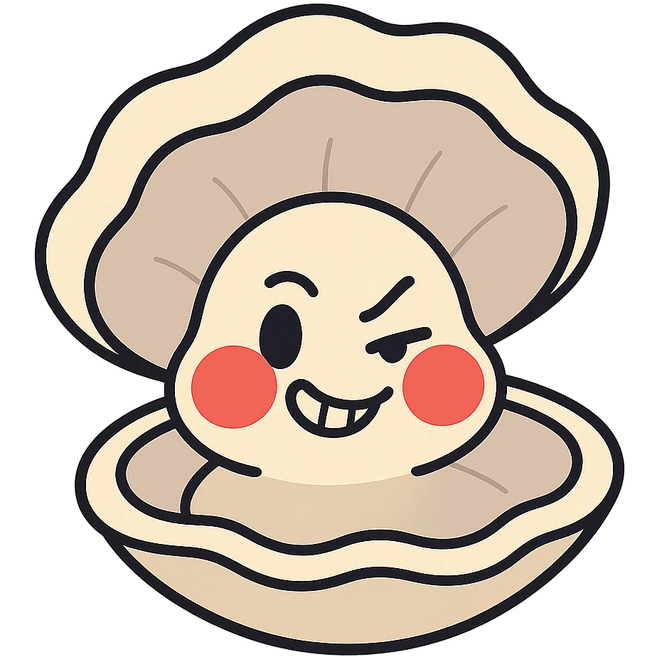 Create a cute oyster with a winking and malicious expression, very red cheeks, inspired by the reference image. Use pastel toon style with cream and greige colors. Make the background transparent. emoji