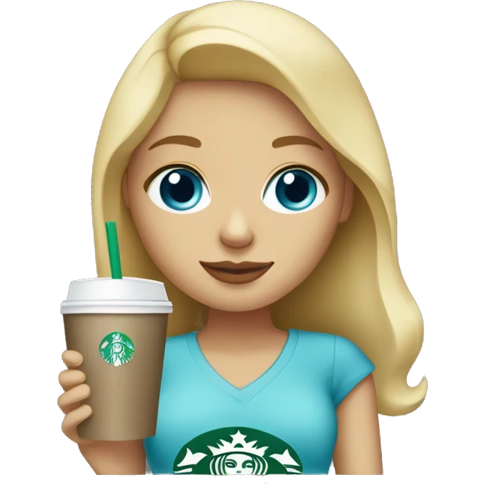 blonde girl blue eyes with Starbucks cup drink emoji