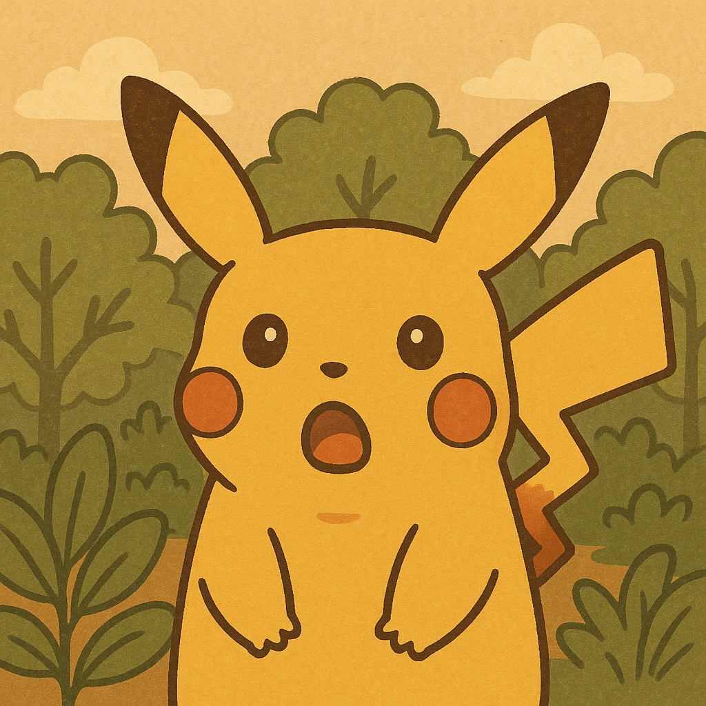 shocked Pikachu, cartoon style, yellow fur, surprised expression, forest background emoji
