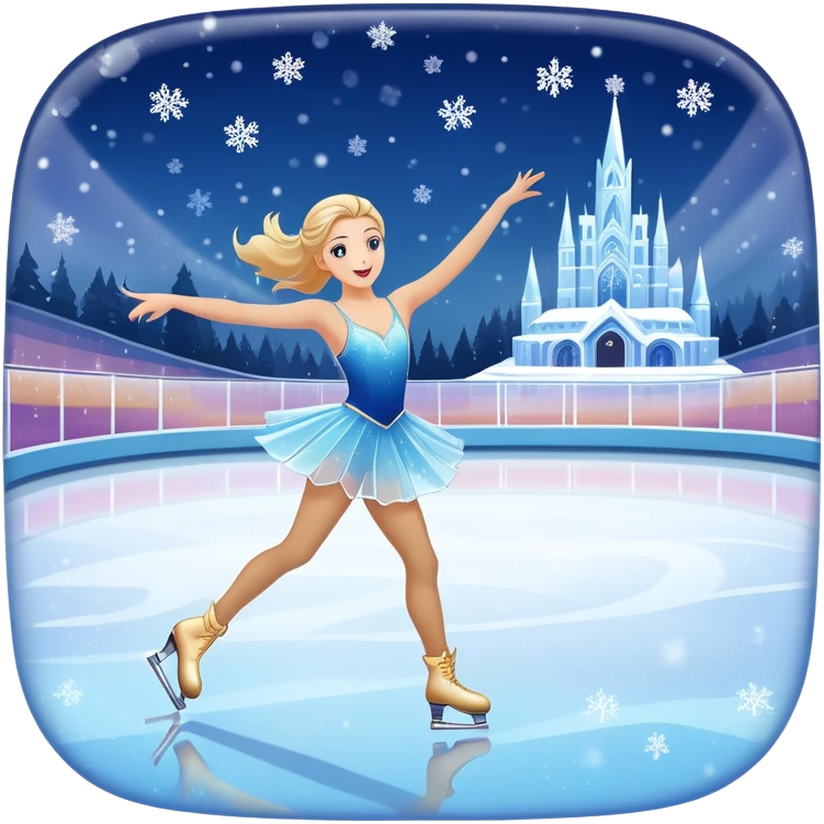 An icon featuring a shimmering rink, colorful spotlights, snowflakes gently falling from the sky, and an audience in the stands, with a snowy landscape visible through large windows with a graceful figure skater performing a spin on a sparkling ice rink. Transparent background. emoji