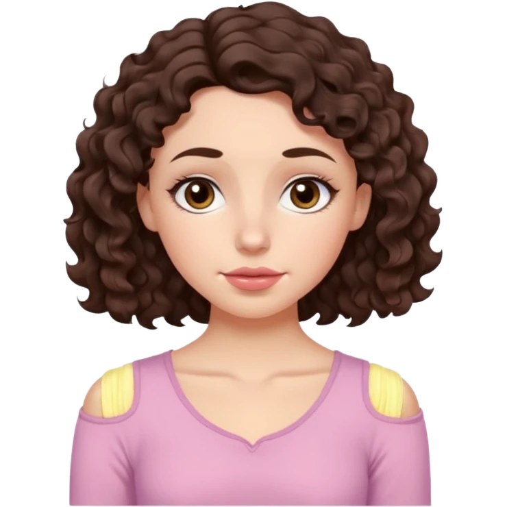 Aesthetic white girl with really long wavy/curly hair color dark brown, hair most be in front of the shoulders (hair in front of the shoulders). Big almond shape tired eyes color brown with dark circles, wide nose, natural lips, sweet expression. Dressed with a cute tight top color light pink. emoji