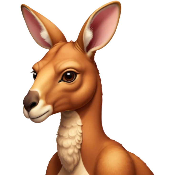 Cinematic Noble Adult Red Kangaroo Portrait Emoji, Poised and regal, with a robust, muscular build, tawny reddish fur, and a distinctive camel-shaped head featuring a slightly elongated snout, prominent ears, and keen, observant eyes, Simplified yet sharp and sophisticated features, highly detailed, glowing with a warm, sunlit glow, high shine, intelligent and commanding, stylized with an air of outback authority, focused and vigilant, soft glowing outline, capturing the essence of a watchful guardian that seems ready to bound out of the screen with effortless power! emoji