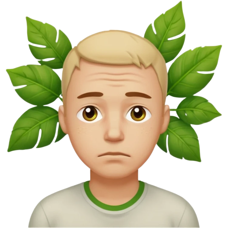 tired sad man with sweat on forehead, plant behind emoji