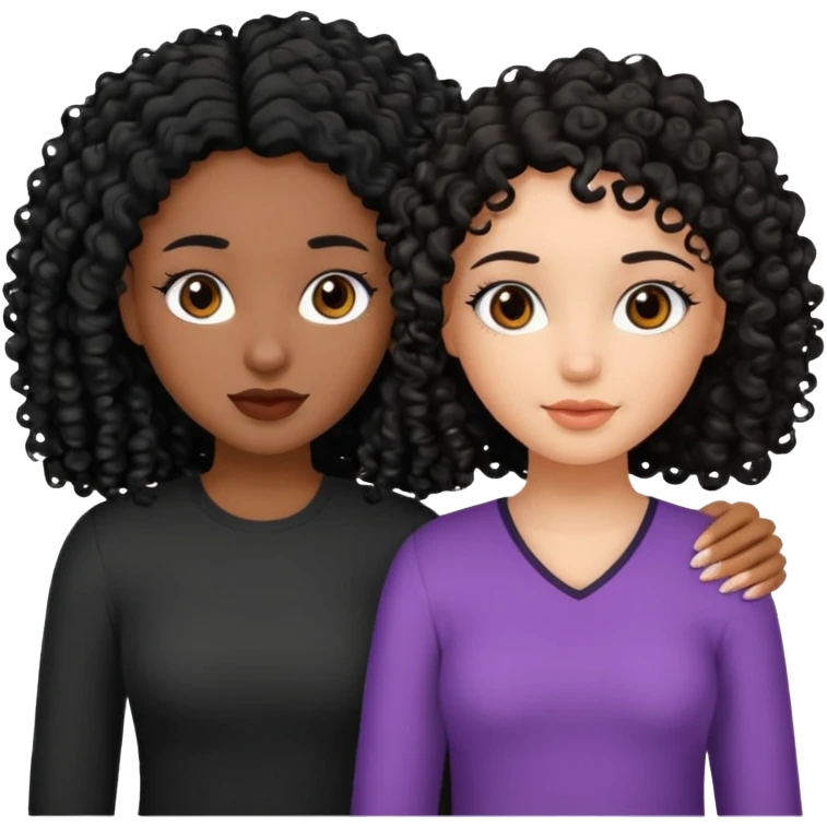 2 girl best friends. One who is African american with black hair and dark brown eyes. one who is white with curly dark brown hair and dark brown eyes. emoji