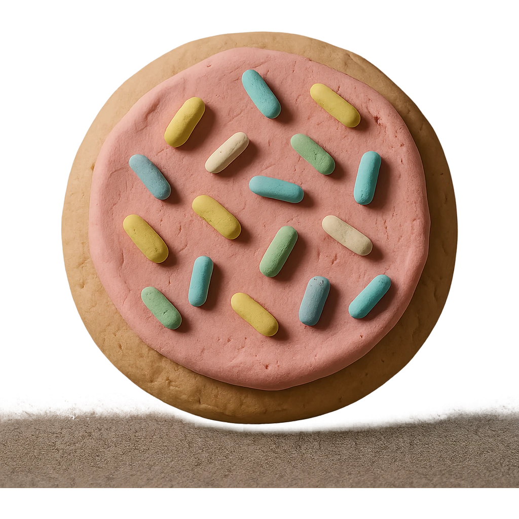 sugar cookie with pink frosting and pastel sprinkles emoji