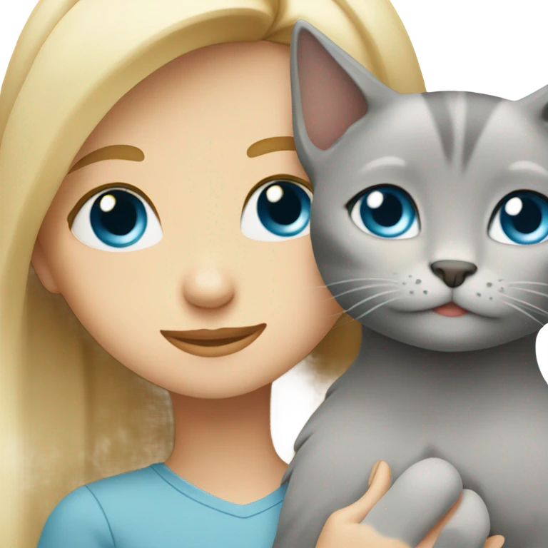 blonde girl with blue eyes hugs grey cat with brown eyes  emoji
