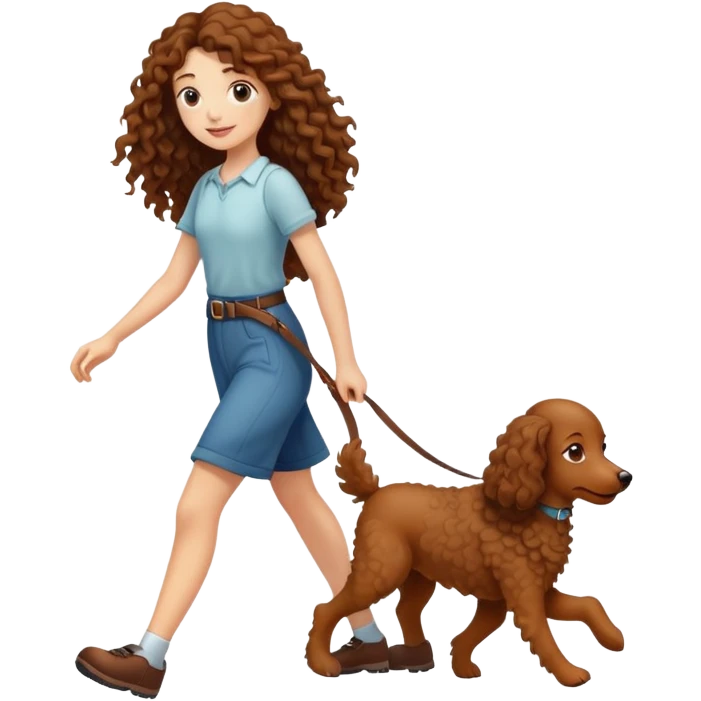 A long-haired girl walking a brown curly dog emoji