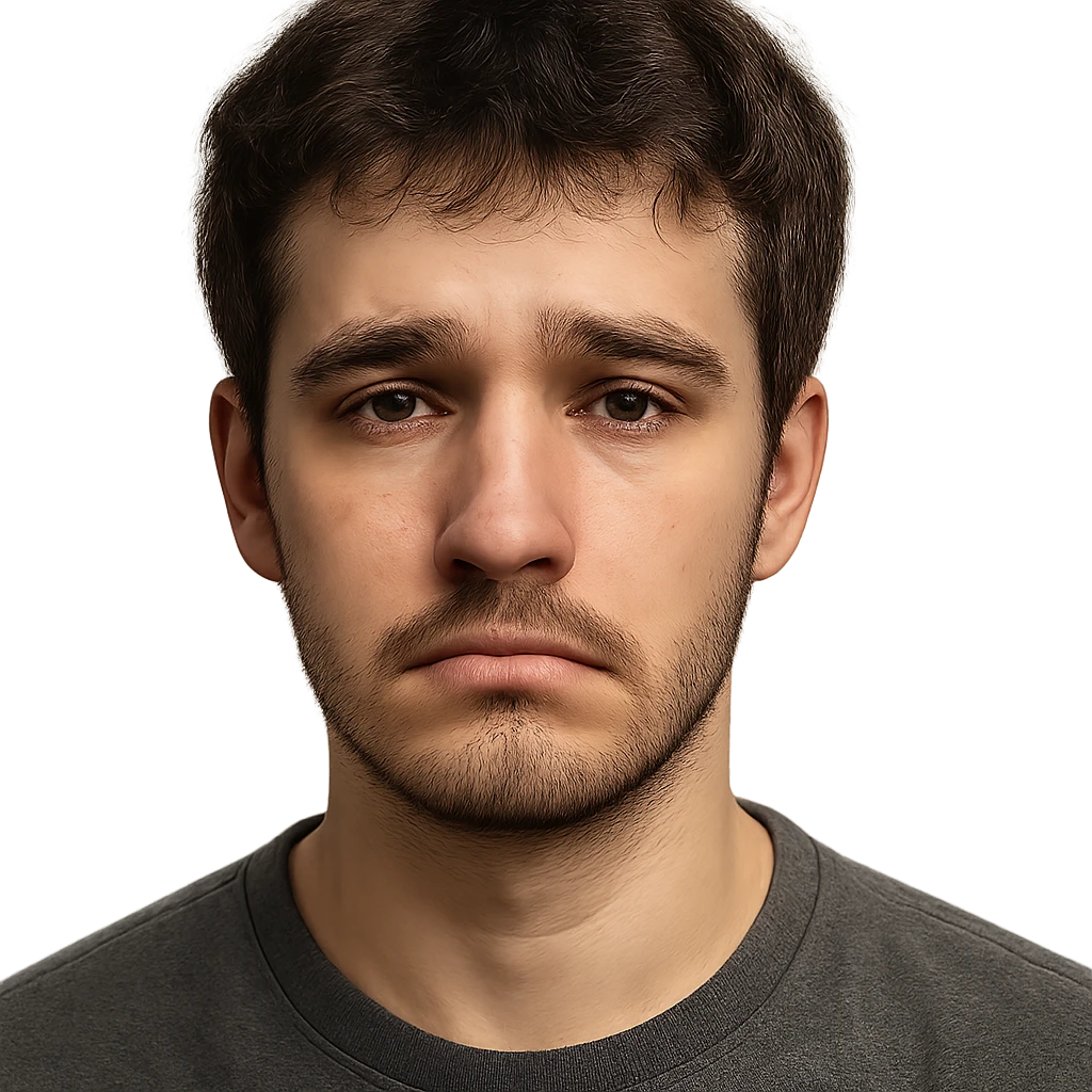 19-year-old boy with light beard and lightly grown mustache, sad expression, portrait, detailed, realistic emoji