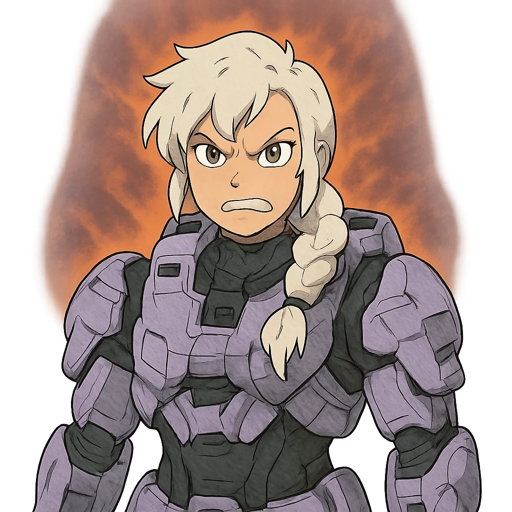 making an angry scowl, frown closed mouth, rage face, rage aura,  female, wearing reach spartan armor shoulder-unequip, long white braid hair with massive messy front side single bangs, gold yellow eyes, attention pose, D-cup size, HALO:series, no helmet, the armor is lavender color scheme, emoji