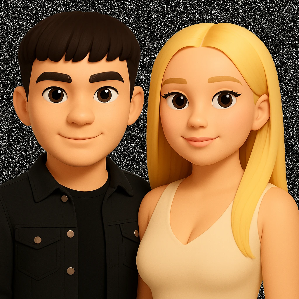 Slightly increase the volume of the upper body of the girl, slightly turn her to face forward, and make the skin color uniform. Maintain the cartoonish 3D style as in the reference image. emoji