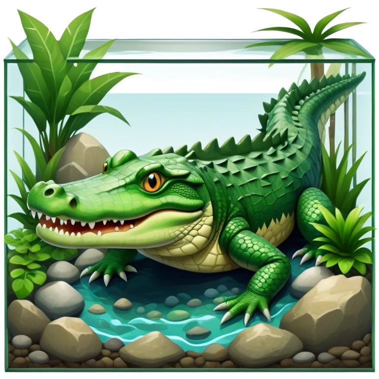 Crocodile resting in a large square terrarium, surrounded by rocks, water, and tropical plants. The green scales of the crocodile glisten under the light, with its sharp eyes focused ahead. The background features a naturalistic habitat with plants and water, giving it a lifelike feel. emoji