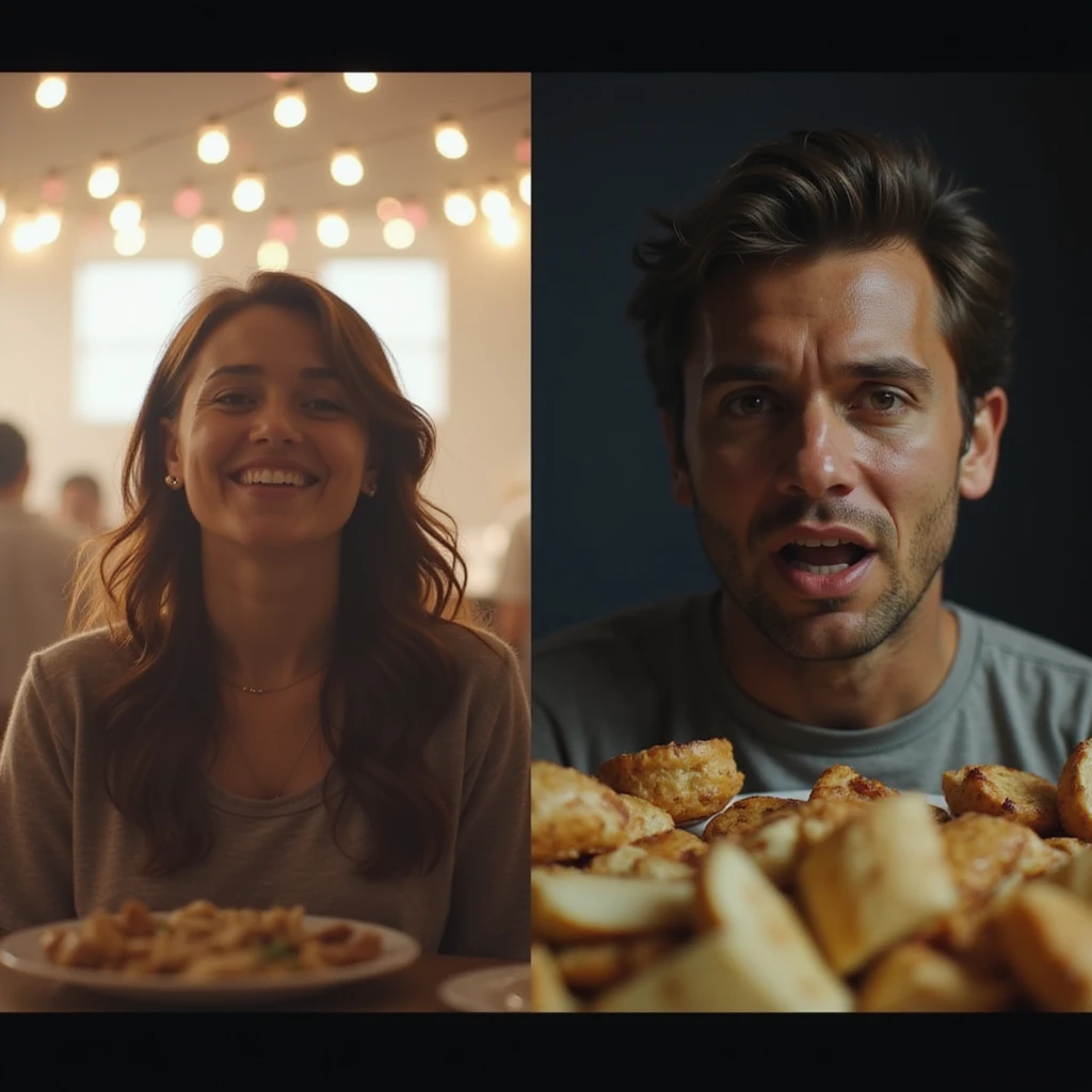 realistic split-screen scene: left side shows cheerful and energetic influencers saying sugar is safe, vivid lights; right side shows a real person with signs of inflammation and tiredness, surrounded by junk food, dark environment; contrast between misinformation and reality, 4K quality emoji
