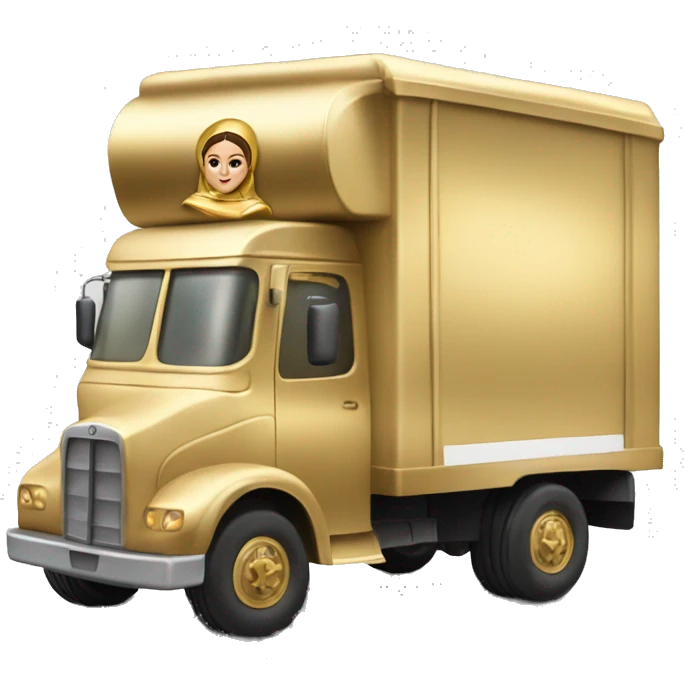 Side view of 1976 very very long mail delivery truck shaped like Princess Leia in gold outfit shaped emoji