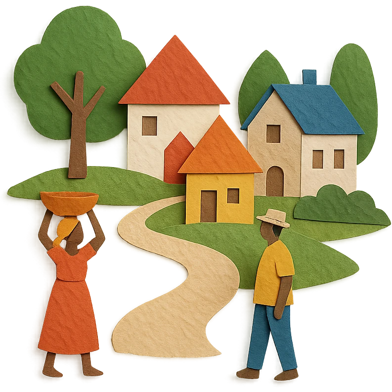 paper craft style village life with layered paper look, houses, trees, and villagers emoji